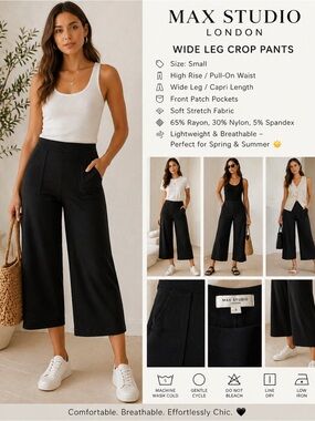 Max Studio London Black Wide Leg Crop Pants Small High Rise Stretch Capri